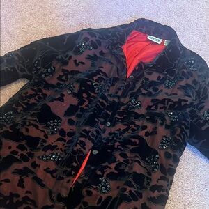 Black and Red Embellished Suede and Mesh Jacket